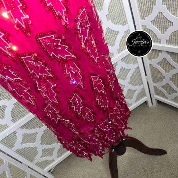 Scala Vintage 80's Red 100% Silk Sequin and Beaded Leaf Handkerchief Hem Dress - Picture 10 of 16